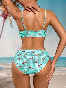 SHEIN Swim Mod Bộ bikini mùa hè dành cho nữ, họa tiết kẻ caro và quả anh đào, kiểu dáng gợi cảm, họa tiết ngẫu nhiên. - Màu xanh bạc hà - Xem 2
