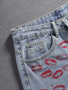 Manfinity Denimwave Quần short denim ống đứng dáng rộng, thời trang, họa tiết môi đỏ và trái tim, phong cách đường phố mùa hè đa năng. - Rửa nhẹ - Xem 6