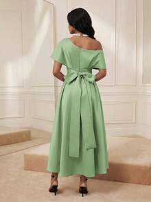 Savoree Women's Elegant Off-Shoulder Long Dress, Solid Color, Suitable For Party - Green - View 6