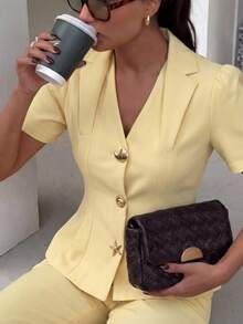 Lumalex Ensemble blazer et pantalon élégant de couleur unie à manches courtes pour le travail - Jaune clair - Voir 4
