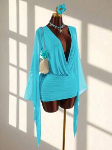 Amplova Romantic Vacation Blue Low-Cut Drape Collar, Flared Sleeve, Bodycon Mini Dress - Blue - View 3