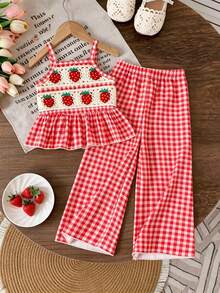 Elladie kids Bộ đồ thường ngày thời trang mới cho bé gái, áo tank top không tay phối cùng quần dài dệt kim kẻ caro, chất liệu mềm mại, dễ thương kiểu Hàn Quốc, thoải mái cho mặc hàng ngày, đi học, đi nghỉ mát, dự tiệc mùa xuân/hè. - Hồng - Xem 4