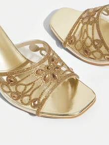 CUCCOO TILAWA Ladies Fashion Square Toe Transparent TPU Rhinestones Sexy Evening Party Party Style Simple Backspace Stiletto High Heel Sandals Summer Shoes - Gold - View 6