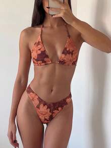 SHEIN Swim Vcay Women's Tropical Floral Halter Tie Back Sexy Bikini Set, Beach Vacation Bikinis Set For Women Summer Swimsuit Women's Beach Outfits Beach Outfit For Women Vacation Outfits Women Bikini Set - Multicolor - View 1