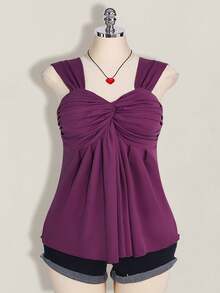SHEIN ICON 大码女式黑色扭结前襟无袖娃娃衫针织上衣，Y2K风格，适合毕业季/返校季，可爱夏季上衣 - 紫色 - 查看 6