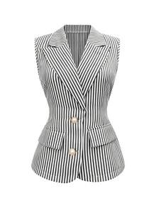 GlowEve 女士条纹单排扣休闲百搭通勤轻便背心外套 - 黑色 - 查看 4