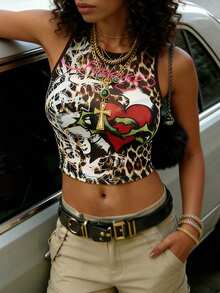 Rovax Y2K Babe Leopard Heart Print Crop Top, Retro American Style Sleeveless Halter Neck Shirt - Multicolor - View 3