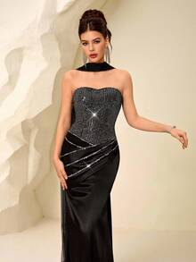 Coutiva Women's Beaded Satin Bandeau Formal Evening Gown (Heavily Embellished) - Black - View 15