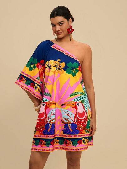 Travachic Plus Size Women's Asymmetrical Shoulder Short Sleeve Loose Tropical Plant Print Elegant Casual Dress, Suitable For Outings And Vacation In Spring/Summer Dresses For Women Summer Outfits For Women Vacation Outfits Women Summer Dresses For Women Holiday Outfits For Women Beach Outfits For Women Women's Cruise Outfit