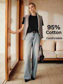 Anewsta Áo thun ngắn tay nữ màu trơn phong cách thời trang mùa hè thanh lịch hiện đại đô thị - màu đen - Xem 6