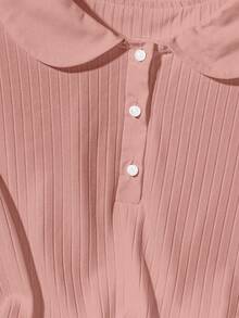 Franclia Kaos Wanita Putih Lengan Pendek Model Longgar Kerah Setengah Tabung Kancing Mutiara, Modis dan Kasual untuk Musim Semi dan Musim Panas - Dusty Pink - View 3