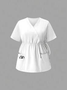 TaskEZ 2pcs V-Neck Waist Cinched Short Sleeve Top And Pants Plus Size Uniform Set, Cleaning Service Outfit - White - View 3