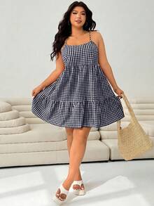 Solflare Navy Plaid Plus Size Women Sleeveless Dress - Navy Blue - View 7