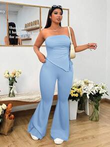 Solflare 2pcs Plus Size Blue Cropped Top And Flare Jeans Set, Spring/Summer - Blue - View 3