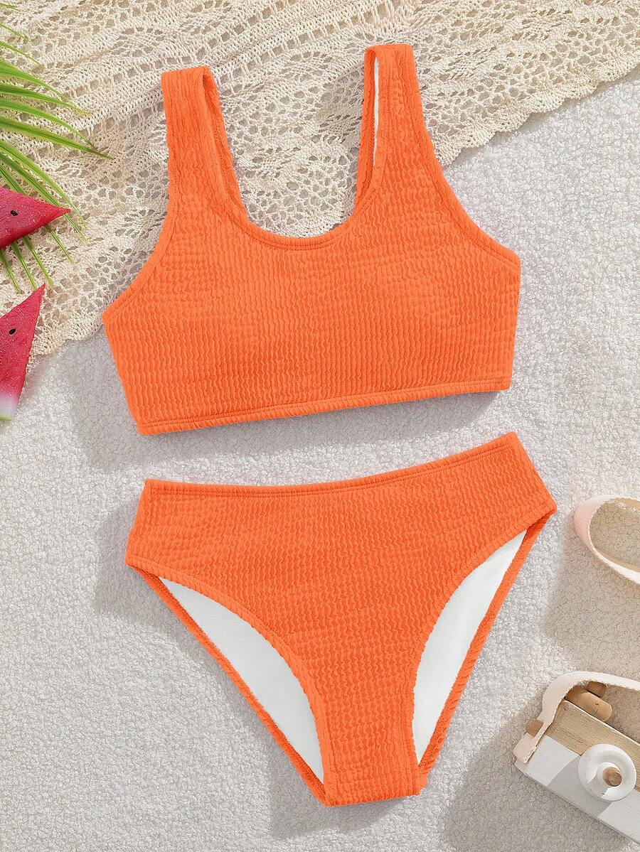 SHEIN 少女比基尼套装,针织波浪面料挂脖泳衣两件套,欧美时尚简约优雅,适合度假、游泳、夏季、海滩穿着 - 橘色 - 查看 1