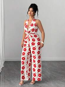 SHEIN Clasi Mono de pierna ancha con cuello en V profundo y cintura con nudo, adecuado para trabajo, citas diarias, primavera/verano, tallas grandes para mujeres - Rojo - Ver 5