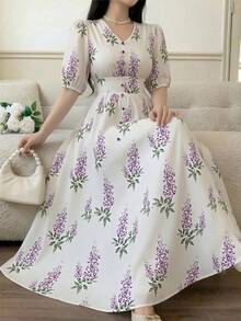 Feyla New Arrival V-Neck Ruched Waist Ditsy Floral Vacation Dress With Puff Sleeves, Elegant & Slimming - Multicolor - View 4