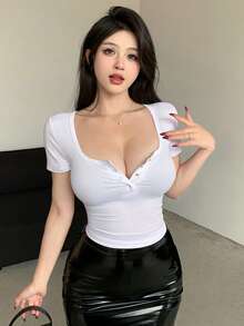 DAZY Fitted Short Sleeve Women's T-Shirt With Cropped Length, Large Round Neck And Half Placket Sexy Top - White - View 3