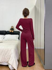 Dream Adore Spaghetti Strap Lace Patchwork 2 In 1 Cardigan & Pants Women Pajama Set - Burgundy - View 2
