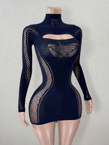 High Neck Long Sleeve Hollow Out Fitted Sexy Mesh Sweater - Blue - View 3