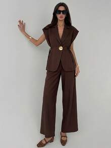 Aloruh 束腰金属装饰商务套装 - 咖啡棕 - 查看 5