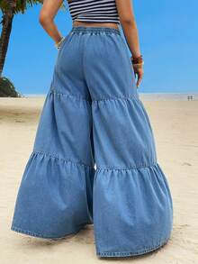 Sunnyshic Jeans de pierna ancha y cintura alta con pliegues para mujer, versátil y de moda, para el verano - Lavado ligero - Ver 2