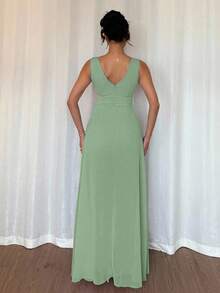 Rafferiza Elegant V-Neck Ruched Waist Pearl Chiffon Wide Leg Jumpsuit, Suitable For Wedding Guest Dress, Purple - Mint Green - View 2