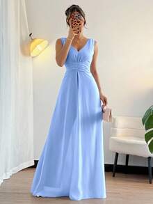 Rafferiza Elegant V-Neck Ruched Waist Pearl Chiffon Wide Leg Jumpsuit, Suitable For Wedding Guest Dresses, Purple, Graceful Ladies Jumpsuit Light Blue Jumpsuit Elegant Jumpsuit Summer Jumpsuit - Baby Blue - View 7