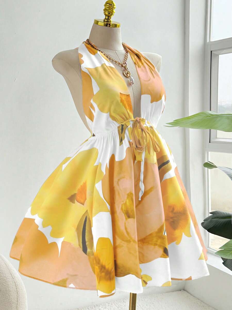 Sweetra Plus Size Women Floral Print Halter Tie Backless Sexy Vacation Dress - Light Yellow - View 1