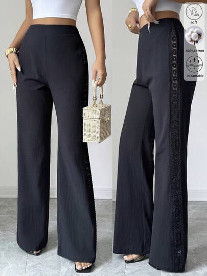 Elenzga 2026 Nuevos pantalones anchos de pierna ancha con corte floral en el lateral, estilo minimalista y casual de vacaciones para mujeres, con cintura elástica y color negro suelto