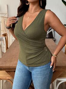 EMERY ROSE Plus Size Women V-Neck Criss-Cross Button Decor Textured Fabric Tank Top - Green - View 1
