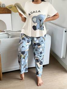 SHEIN Plus Size Gray Milk Silk Knit Koala Print Short Sleeve Pajama Set - Apricot - View 3