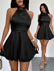 SHEIN PETITE Đầm ngắn cổ yếm xoắn nhún màu trơn không lưng dành cho nữ, đầm mùa thu cho nữ, đầm Giáng sinh, đầm năm mới, đầm Lễ Tạ ơn, đầm dự tiệc thanh lịch, đầm dự đám cưới, đầm dạ hội, đầm trang trọng, đầm dạ tiệc sang trọng cho đám cưới - màu đen - Xem 1