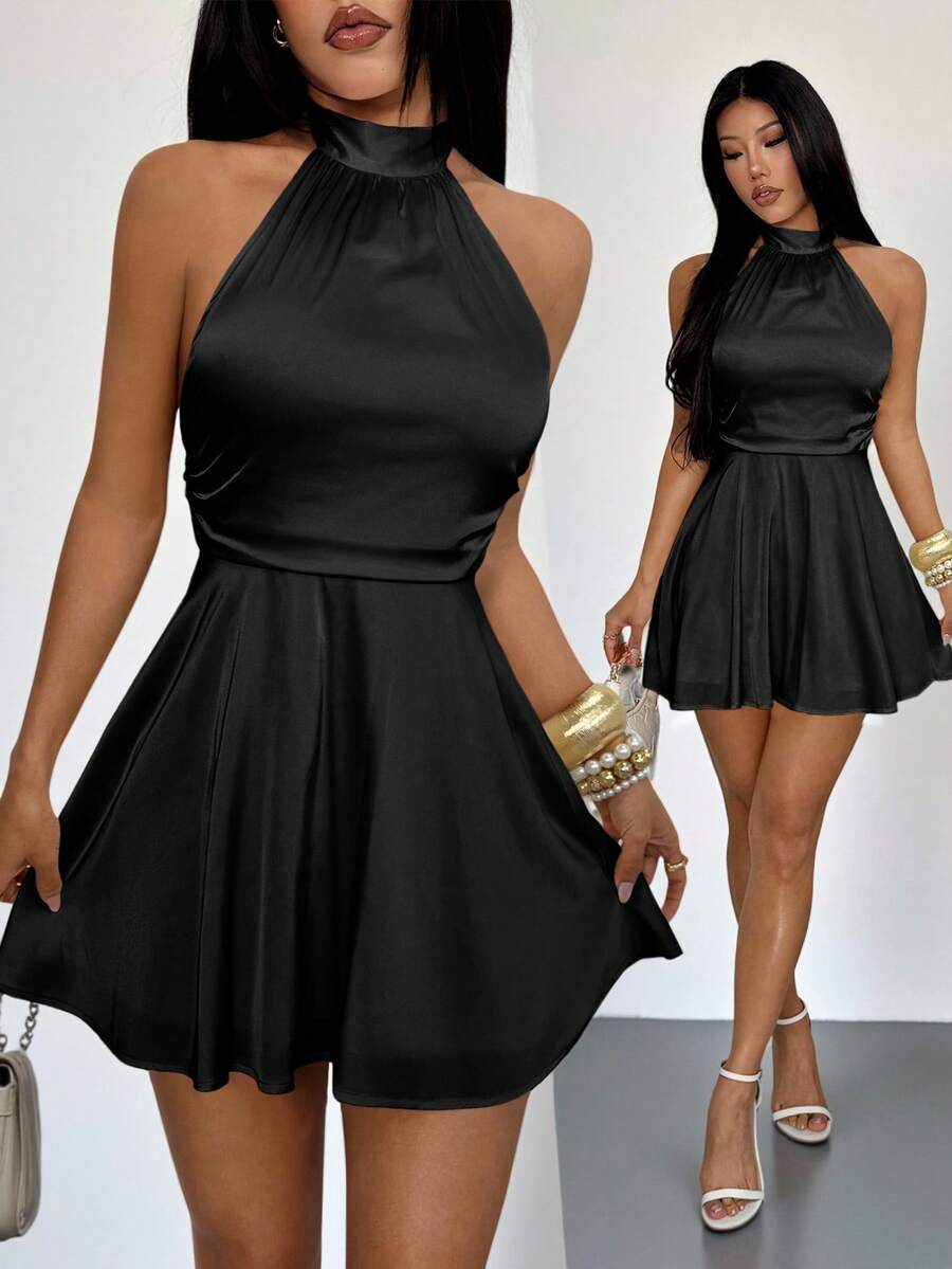 SHEIN PETITE Đầm ngắn cổ yếm xoắn nhún màu trơn không lưng dành cho nữ, đầm mùa thu cho nữ, đầm Giáng sinh, đầm năm mới, đầm Lễ Tạ ơn, đầm dự tiệc thanh lịch, đầm dự đám cưới, đầm dạ hội, đầm trang trọng, đầm dạ tiệc sang trọng cho đám cưới - màu đen - Xem 1
