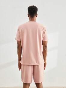 Driftmere 2pcs/Set Men's Comfortable Sweatshirt Fabric Round Neck Short Sleeve T-Shirt And Drawstring Elastic Waist Shorts, Casual For Vacation, Party, Hangout, Sports, Simple Office, Classic Spring/Summer Style Short Sleeve And Shorts Set, Bestselling Suit, Suitable For Self-Wear Or Gift To Friends Father's Day – A Fathers Day Gift Guide - Pink - View 2