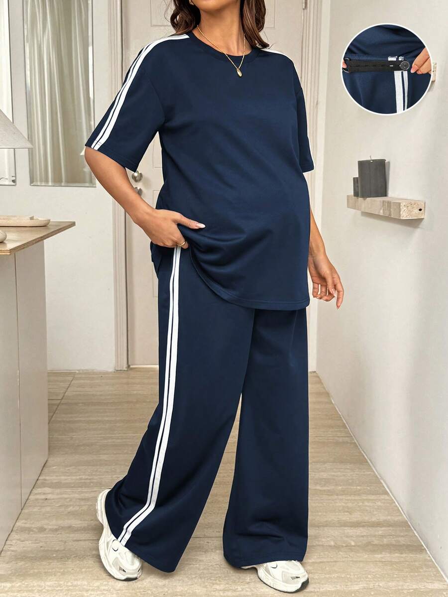 SHEIN 2pcs/Set Maternity Patchwork Round Neck Top And Adjustable Waist Wide Leg Pants, Casual Daily Wear - Blue - View 1
