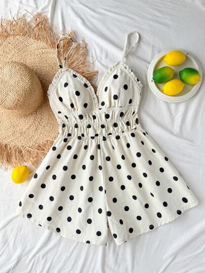 Comfortcana 女士夏季休闲波点印花荷叶边细肩带牛仔连体裤