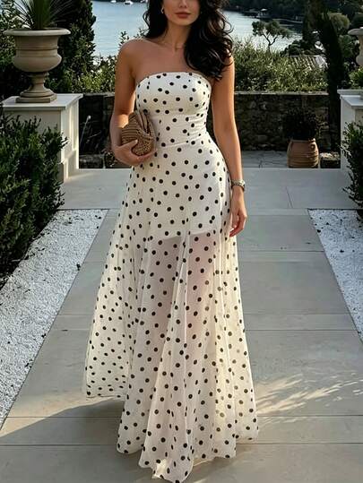 Pariaura Women's Polka Dot Strapless Dress, Elegant Vacation Outfit For Spring And Summer, Suitable For Parties, New Arrival Slim Waist Polka Dot Strapless Dress