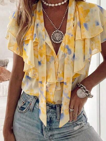 Lucivie Women's Casual And Elegant Yellow And Blue Floral Print Chiffon Top, Tie-Neck, Ruffled, Layered, Cap Sleeve, Open-Front Blouse, Slightly Sheer Yellow Floral Print Ruffled Chiffon Blouse, Tie-Neck Layered Chiffon Top, Suitable For Y2K And Fairy-Tale Style Outfits, Tie-Neck Chiffon Open-Front Blouse, Suitable For Workplace Commuting, Elegant Summer Women's Top, Casual Summer Women's Top, Romantic Casual Women's Top, Women's Vacation Outfit, Wedding Guest Attire, Yellow Topfestival,Formal,Business,Graduation Season Attire, Fashionable Casual Commuter Wear, Business Office Wear, Versatile And Stylish Everyday Casual Wear, Urban Teacher's Professional Attire