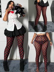 Whyspr Medias de rejilla con estampado de lunares de estilo punk para tallas grandes, para primavera/verano - Rojo - Ver 1