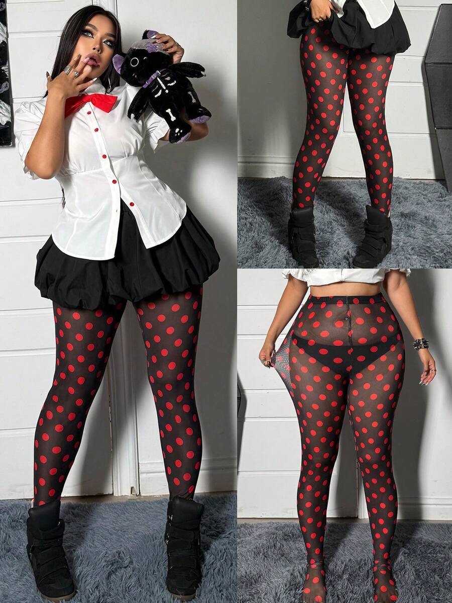 Whyspr Medias de rejilla con estampado de lunares de estilo punk para tallas grandes, para primavera/verano - Rojo - Ver 1