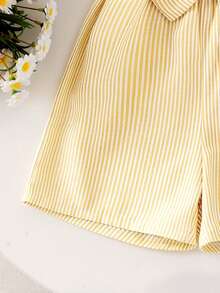 SHEIN Elladie kids 女孩花卉細肩帶連身褲，白色夏季生日套裝，適合年輕女孩，甜美舒適大花腰帶休閒服飾套裝 - 黃色 - 查看 6