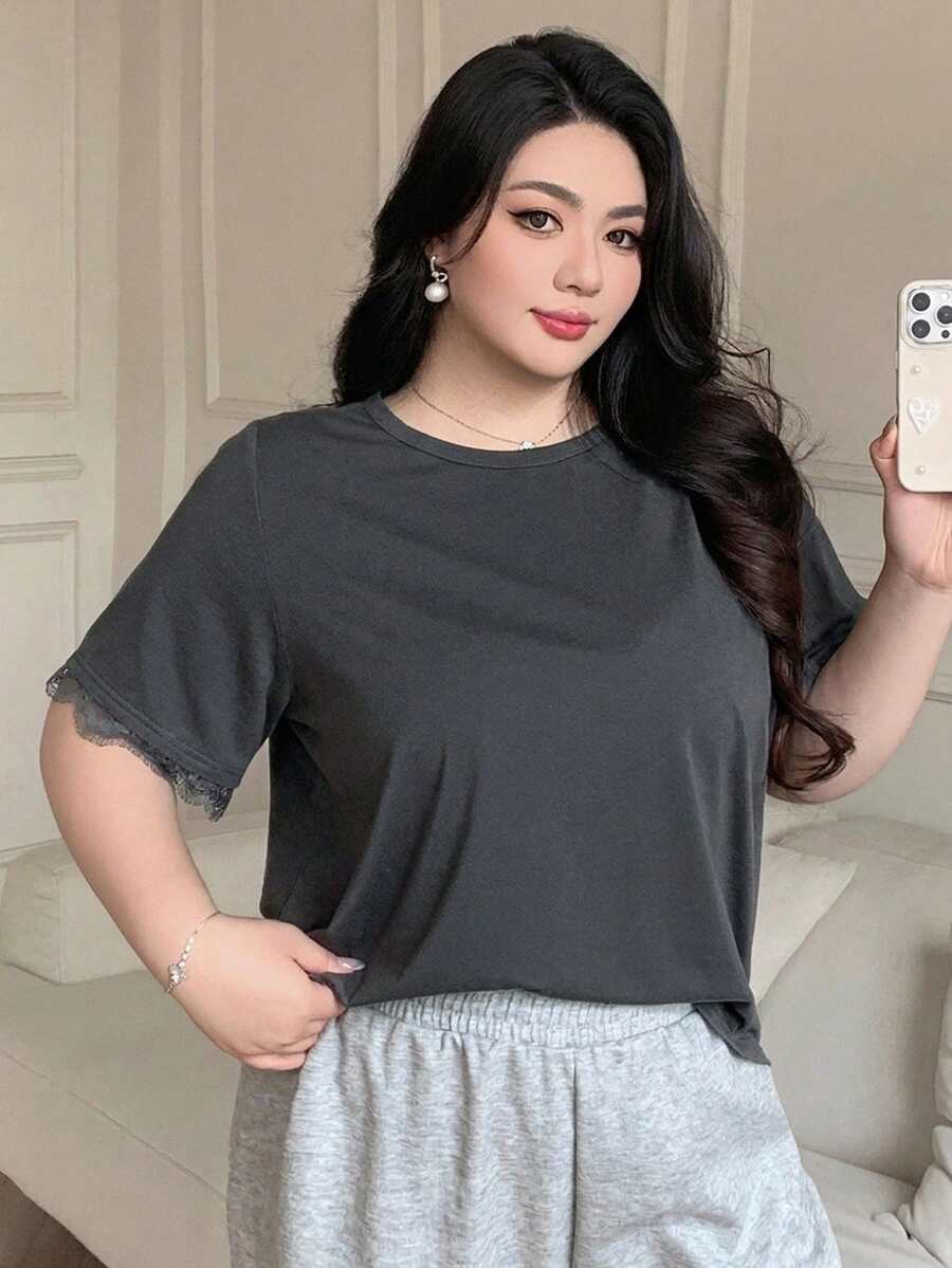 Dazy Plus Plus Size Solid Color Round Neck Lace Splice Sleeve Loose Black Short Sleeve T-Shirt Oversized - Grey - View 1