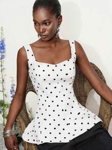 Aveloria Modichic Beige Vintage Retro Polka Dot Blouse, Fashionable For Commuting, Polka Dot Element, Square Collar Design, Fitted Waist, A-Line Silhouette, Silk Fabric, Smooth Texture, Suitable For Office, Afternoon Tea, Casual City Outings, Weekend Gatherings, And Spring/Summer Outdoor Activities, Showcasing Charming Elegance And Fresh Feminine Allure. New Arrival Women's Blouse With Heart Neckline, Waist Cinching, And Flared Hem - Beige - View 5