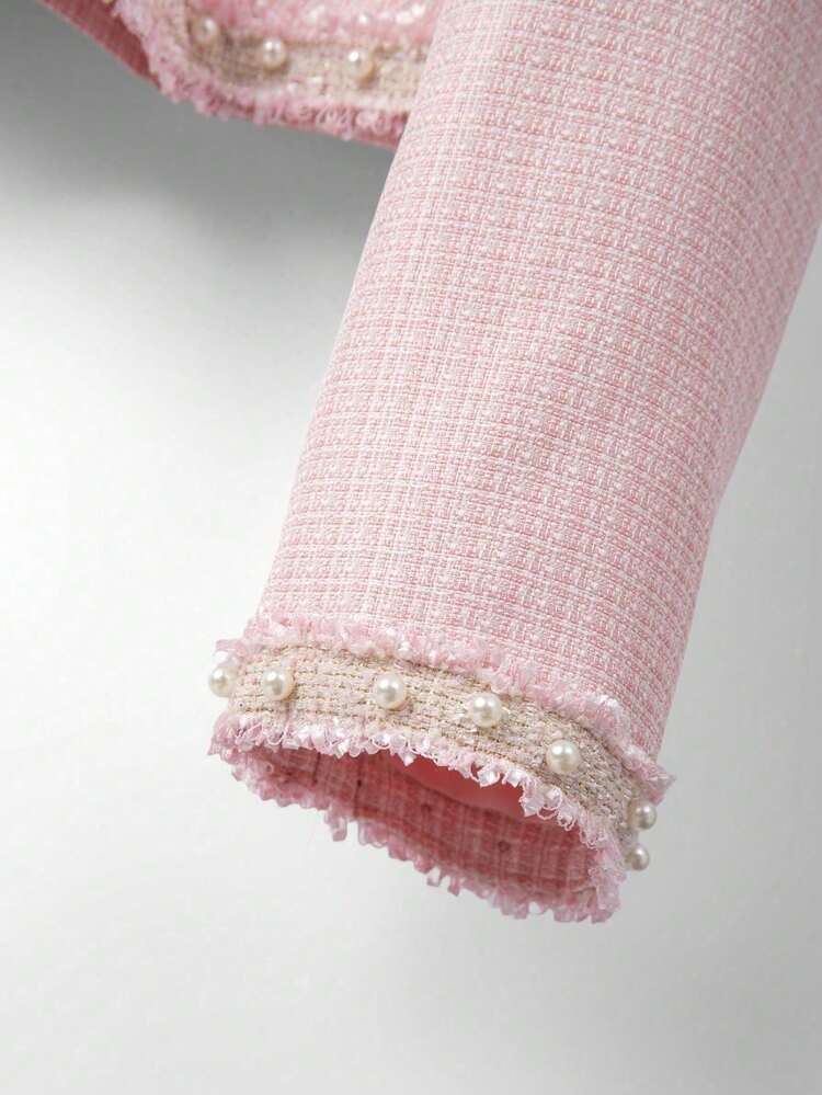 GlowEve CURVE Luxury Baby Pink Two Piece Skirt Suit With Pearl Trimmed Tweed Jacket And Plain Sleeveless Midi Dress Elegant Ensemble - Baby Pink - View 7