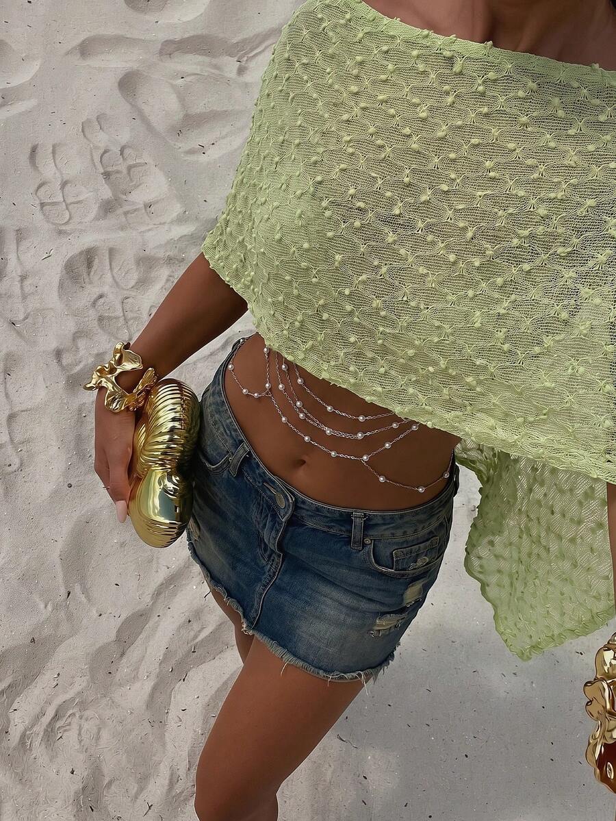 Allurite 女士宽松休闲不对称下摆露肩上衣，绿色，适合海滩度假 - 綠色 - 查看 1