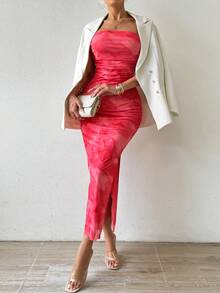 扎染开叉大腿管紧身连衣裙长款女装 - 淺粉色 - 查看 7