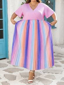 SHEIN CURVE+ Curve 尺码 US22 音乐节、海滨度假、波西米亚风女士彩虹褶皱V领灯笼袖系带背心毕业礼服婚礼宾客礼服女士学位模拟礼服女士沙滩裙女士假日太阳裙生日礼服女士骄傲节女士礼服优雅礼服女士休闲礼服女士生日礼服女士夏季礼服女士夏季礼服 - 彩色 - 查看 1
