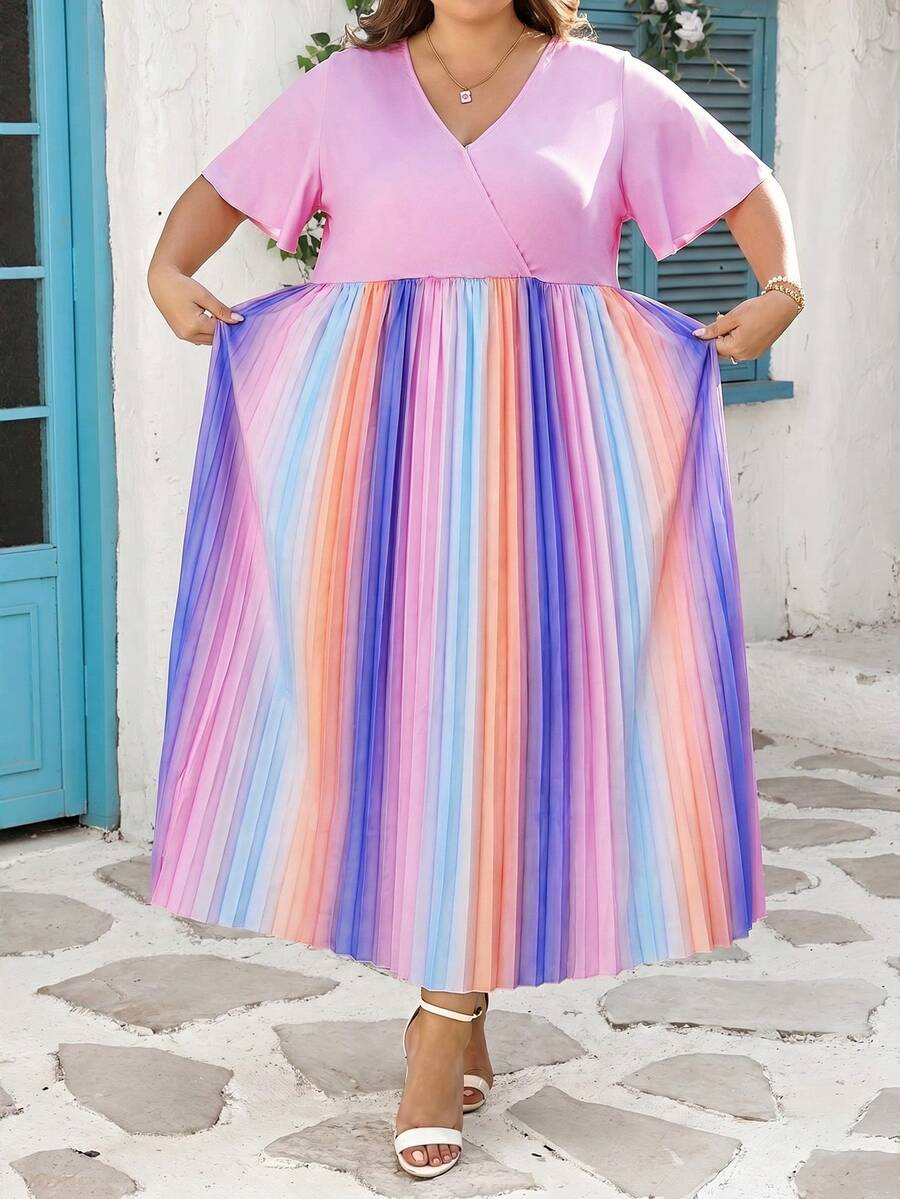 SHEIN CURVE+ Curve 尺码 US22 音乐节、海滨度假、波西米亚风女士彩虹褶皱V领灯笼袖系带背心毕业礼服婚礼宾客礼服女士学位模拟礼服女士沙滩裙女士假日太阳裙生日礼服女士骄傲节女士礼服优雅礼服女士休闲礼服女士生日礼服女士夏季礼服女士夏季礼服 - 彩色 - 查看 1