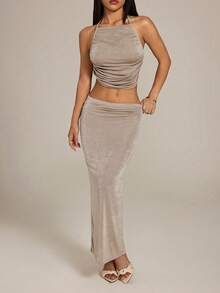 SHEIN PETITE Bộ đồ hai mảnh màu trơn, kiểu cổ yếm, dây mảnh, hở lưng, không tay, ôm sát. - Màu Khaki - Xem 9